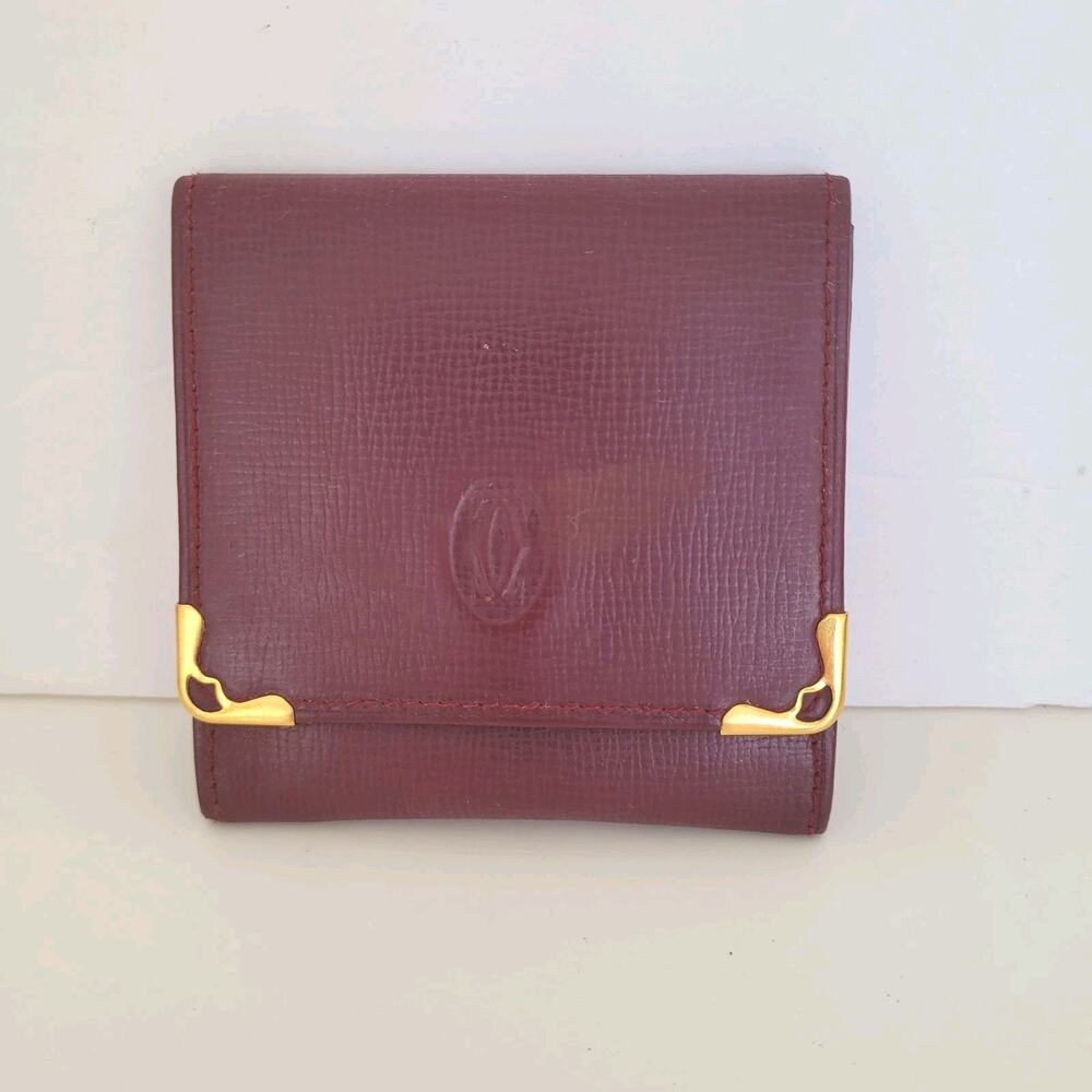 Cartier Vintage Mini Coin Holder‎ Wallet Bordeaux Leather Small Red Burgundy